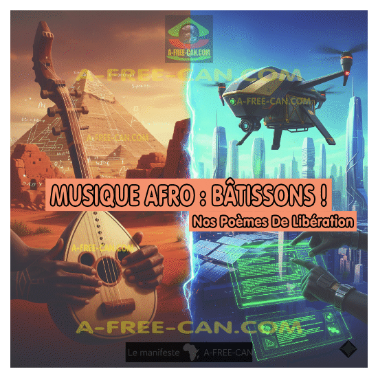 Représentation de la Musique Afro et de la Souveraineté technologique : contraste entre une Kora traditionnelle et un drone devant les pyramides de Gizeh.